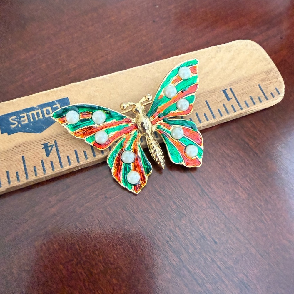 Vintage Butterfly Faux Rhinestone Enamel  Brooch